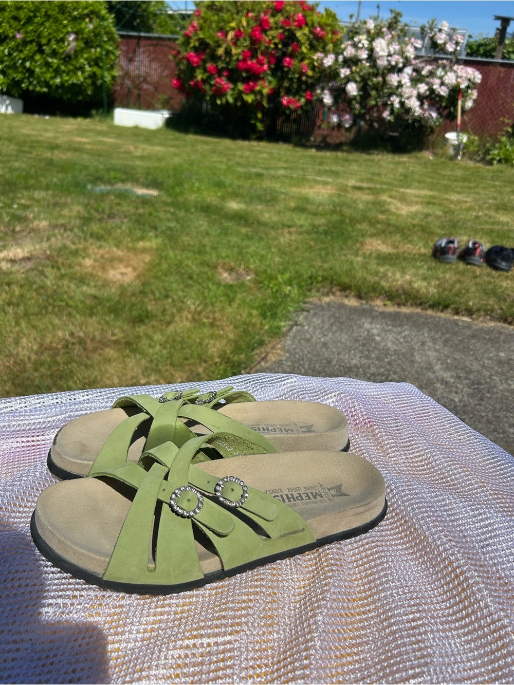 Mephisto Green Women's Slide Sandals with Decorative Buckles Size 40/9.5US